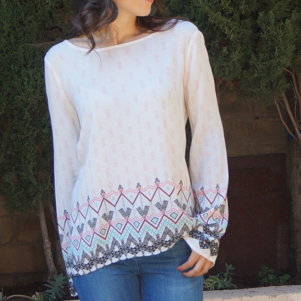 Ivory Long Sleeve top Button up Back Boat Neckline Flowy Top